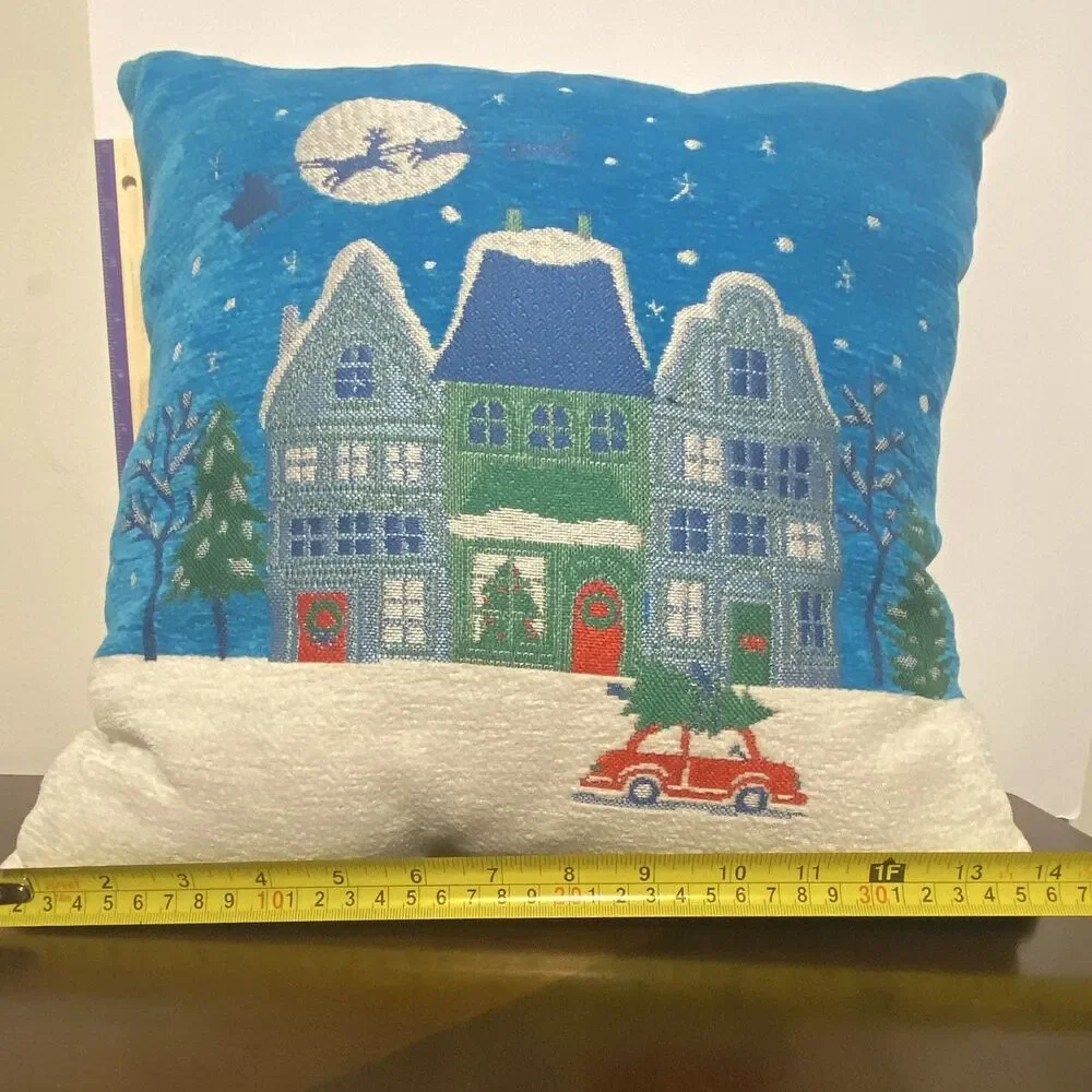 Target Wondershop Christmas Village Jacquard Chenille Sq Throw Pillow Blue Red